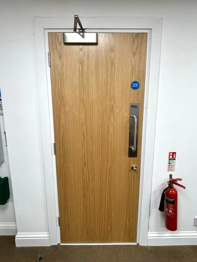 Oak-finish flush single door with overhead closer and adjacent wall-mounted extinguisher