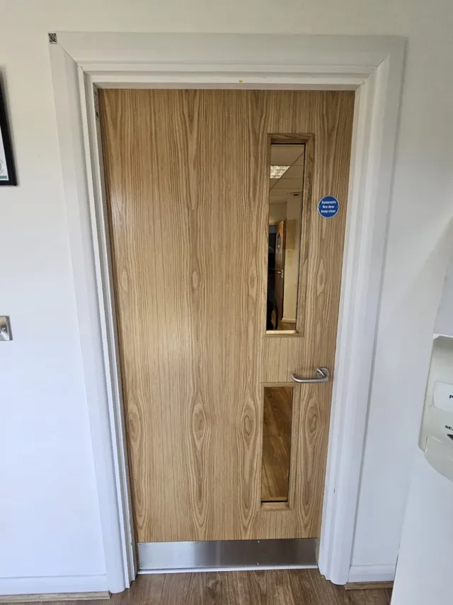 Oak-finish single door with two vertical glazed panels