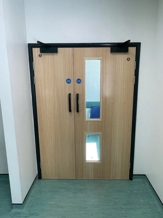 Pale timber single door with two glazed panels and dark overhead closer