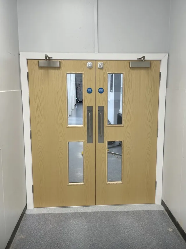 Timber double doors with vertically arranged glazing and overhead closers